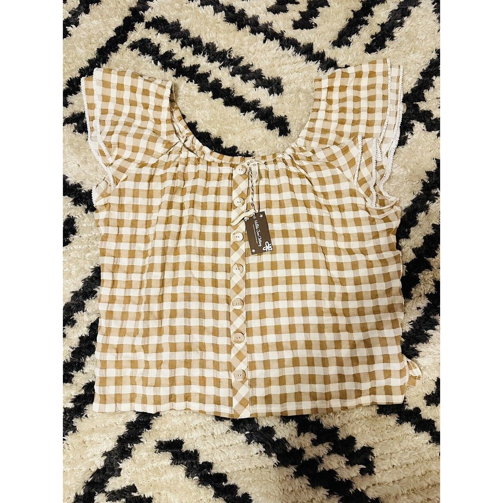 Matilda Jane Plaid Brown White Blouse Top Ruffle Sleeve 2Xl Women’s